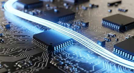 Luminous Blue Data Streams Surging Across a Futuristic Motherboard Processor