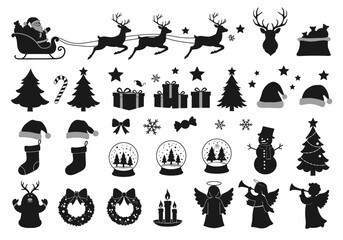 Naklejka premium Classic Christmas Silhouette Collection Featuring Santa Reindeer and Festive Ornaments