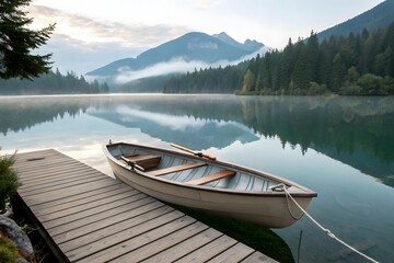 Serene wooden rowboat tied to dock on misty mountain lake at sunrise