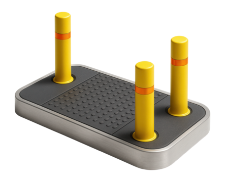 Pedestrian crossing island with yellow bollards and tactile paving