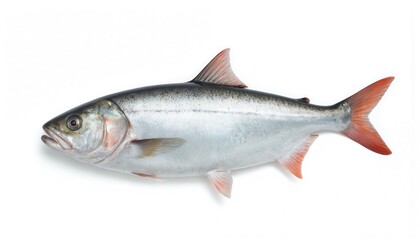Naklejka premium Rohu fish, freshwater species, shown against clean white background. Aquatic animal features striking red fins, scales, gills, mouth, natural beauty. Streamlined body suggests graceful movement,