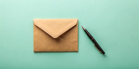Brown Kraft Envelope And A Black Pen Placed On A Light Teal Background paper kraft paper