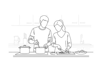 Line Art: Couple Cooking Together in Kitchen, Stirring Pot and Chopping Vegetables