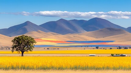 Vibrant Yellow Fields and Colorful Hills Landscape