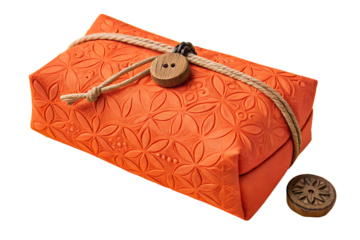vibrant orange pouch intricate texture sits atop bright yellow background anchored rustic wooden AI generated by PNG