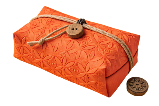 vibrant orange pouch intricate texture sits atop bright yellow background anchored rustic wooden AI generated by PNG