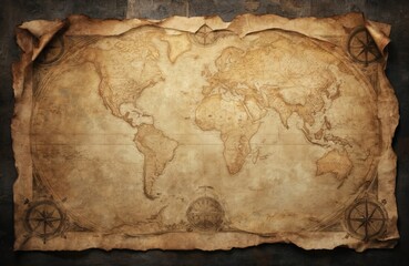 Wrinkled vintage paper with aged antique map design, cartography, compass, sun symbols. Weathered parchment texture background. Historical illustration for treasure hunt, adventure, exploration