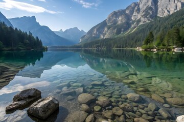 Crystal clear alpine lake reflecting majestic mountains and lush green forest