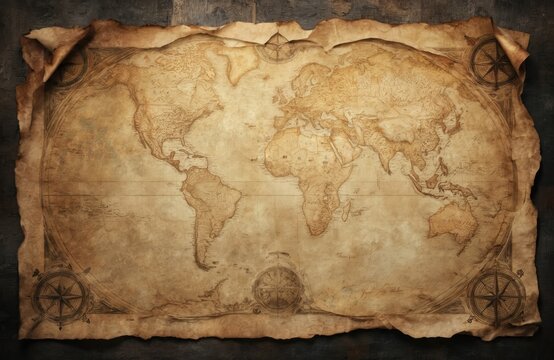 Wrinkled vintage paper with aged antique map design, cartography, compass, sun symbols. Weathered parchment texture background. Historical illustration for treasure hunt, adventure, exploration - Powered by Adobe