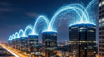 Luminous Data Arcs Connecting Skyscrapers Over a Bustling Night Metropolis