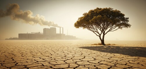 Tree stands on drought cracked earth near factory emitting pollution, eco degradation. Bare land climate change, environmental damage, global warming. Fumes, smoke contaminate air. Eco disaster