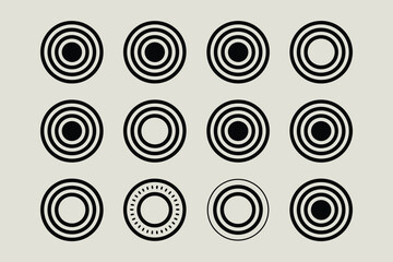 A grid of twelve black and white circular target designs on a light beige background in a pattern array