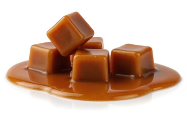 Close-up caramel cubes in flowing caramel sauce. Delicious treats tempting for indulgence, food photography. Soft, creamy texture, glossy finish, perfect dessert or snack.