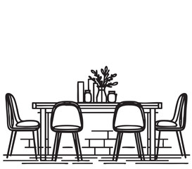 Vector illustration of table with glasses, wine and candles. Line art of dinner table