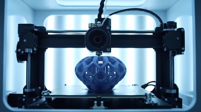 A close up of a blue geometric object being printed by a black and white d printer machine inside