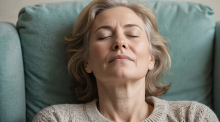 Middle-aged woman relaxes indoors, practicing mindfulness, stress relief techniques. Eyes closed, head tilted back in comfort, embodying serenity, inner peace. Tranquil scene promotes wellness,
