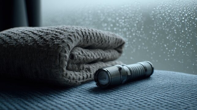 Survival blanket and torch symbolizing crisis readiness, minimalist disaster resilience concept for community education materials.