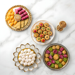 flat lay of eid sweets in decorative plates on wh