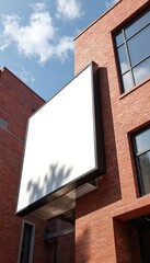 Blank white billboard attached to modern red brick building, offering large display area for commercial advertisements. Geometric facade elements, windows surround frame. Urban outdoor space perfect
