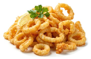 Golden brown crispy fried calamari rings piled high, served with fresh lemon wedge, parsley garnish. Appetizing seafood snack breaded, deep-fried to perfection, offering crunchy texture, savory taste.