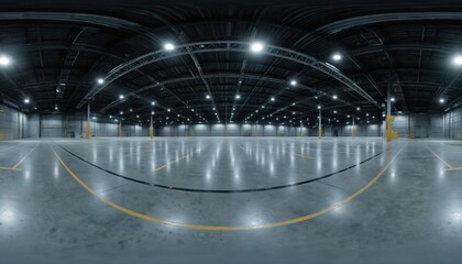 Empty industrial warehouse interior. 360 panoramic view of large, open space with concrete floor. Bright spotlights illuminate ceiling. Ideal background for product placement, event, exhibition,