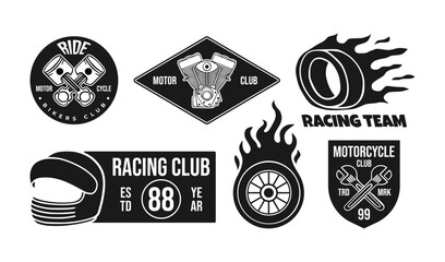 Obraz premium Vintage motorcycle and racing emblem set includes flaming tire, racing helmet, engine badge, and club shield designs, perfect for biker apparel, racing team logos, or retro automotive.