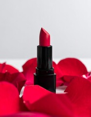Vibrant close-up of a red lipstick surrounded by scattered rose petals on a clean background. Classic beauty, romantic makeup, and cosmetic elegance concept