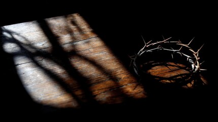 Minimalist crown of thorns representation on dark backdrop, Christian devotion symbol for prayer apps or religious education.