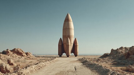 Vintage rocket stands ready for launch in a desolate landscape, evoking a sense of exploration, innovation, and the limitless potential of space travel.