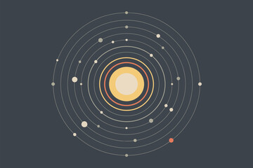 Illustration of a solar system with planets orbiting a sun on a dark background with circular paths