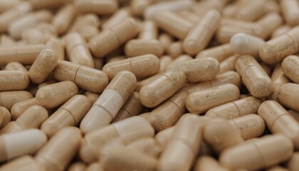 Macro shot of beige pharmaceutical capsules, healthcare, medical focus. Natural supplement ingredients, vitamin dosage, health pill details visible. Science, pharmacy concept, drug production,
