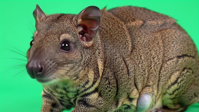 Close-up Portrait of a Common Genet with Distinctive Striped Fur and Alert Eyes on a Vibrant Green Background