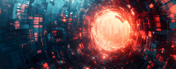 Obraz premium Abstract visualization of a futuristic sci-fi energy core, a glowing red portal inside a complex high-tech tunnel structure.
