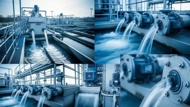 Collage of a modern water treatment plant. Industrial wastewater purification facility with pumps and pipes flowing clean water.