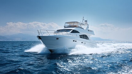 Luxury yacht cruising on the azure sea, a symbol of freedom and opulence against a clear blue sky with a hint of distant mountains.