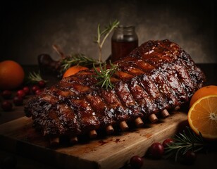 Delicious rack barbecue ribs. Grilled pork meat with appetizing sauce, rosemary, cranberry and orange slices. Meal for dinner. Food photography for restaurant menu, bbq recipe or cooking blog.