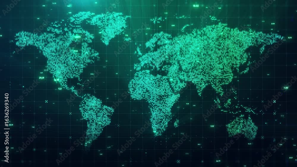 Wall mural futuristic digital world map grid animation with glowing green particles and data codes – global tec