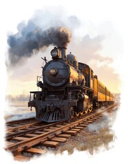 Vintage steam locomotive illustration on railroad track. Classic train image with black smoke, retro railway transport. Old iron engine with wagons at sunset, journey travel by rail.