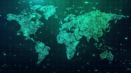 Futuristic Digital World Map Grid Animation with Glowing Green Particles and Data Codes – Global Technology Background - Powered by Adobe