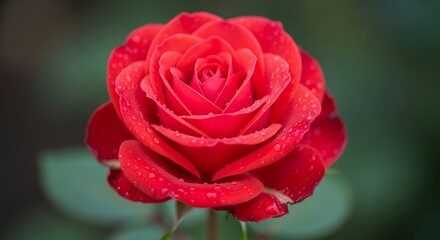 Vibrant red rose in full bloom, adorned with glistening morning dew drops, showcasing delicate petals and natural beauty in a lush garden setting.