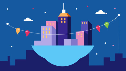 Naklejka premium floating city with birthday lights strung between buildings