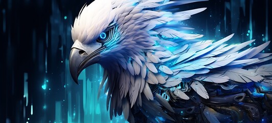 A white cyber phoenix made of metal blue eyes, ai generative