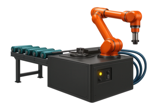 Automated rebar bending station with conveyor feed system and robotic arm for a high-volume rebar processing facility.