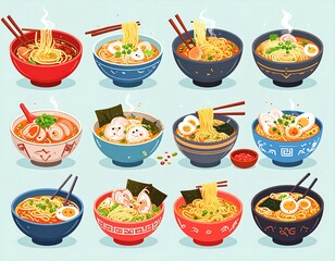 Diverse ramen bowls, various toppings