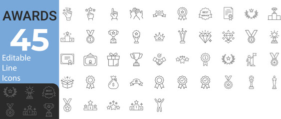 Collection Of Modern Editable Thin Stroke Line Style Awards Icon Set Containing Trophy, Winner, Medal, Winner Prize, Success, Best, Reward, Champion, Star, Certificate, Badge And More