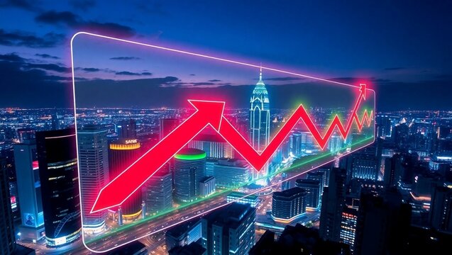 detailed financial report, financial document, graph paper, stock market data, digital cityscape, skyscrapers, futuristic landscape, night sky, glowing neon, digital art, cinematic, concept art, 8k, h - Powered by Adobe