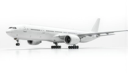 Obraz premium White commercial airplane on white background, ready for mockup. Modern airliner with retractable landing gear, jet engines, and wings. Ideal for travel, aviation, and transportation themes.