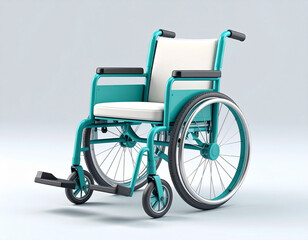 A 3D cartoon teal and white wheelchair, presented on a clean, light-gray background, isolated.