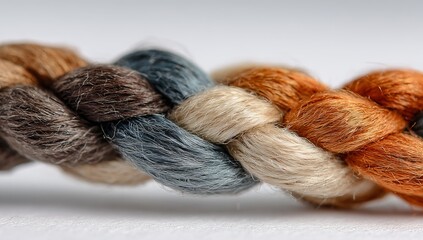 A simple, colorful braid made of fabric on a white background. The colors include brown and blue in the middle, with other neutral tones like beige or gray on each side.