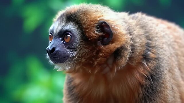 Captivating Close-up Portrait of a Titi Monkey with Expressive Dark Eyes and Reddish-Brown Fur in its Natural Green Habitat